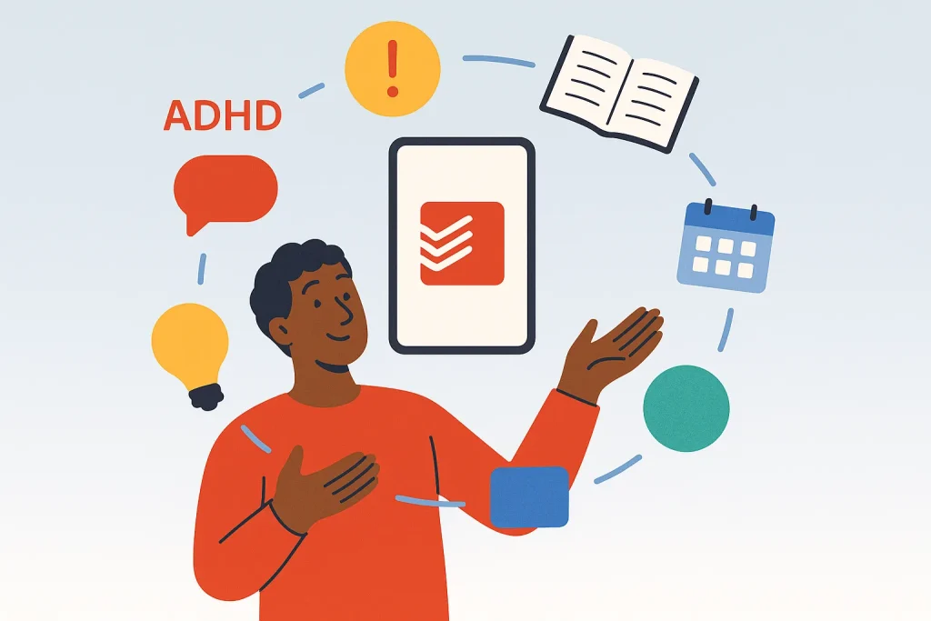 Game-Changing Todoist ADHD Hacks: 9 Hidden Features That Supercharge Focus 1 Illustration of a Todoist ADHD user organising tasks with Todoist app