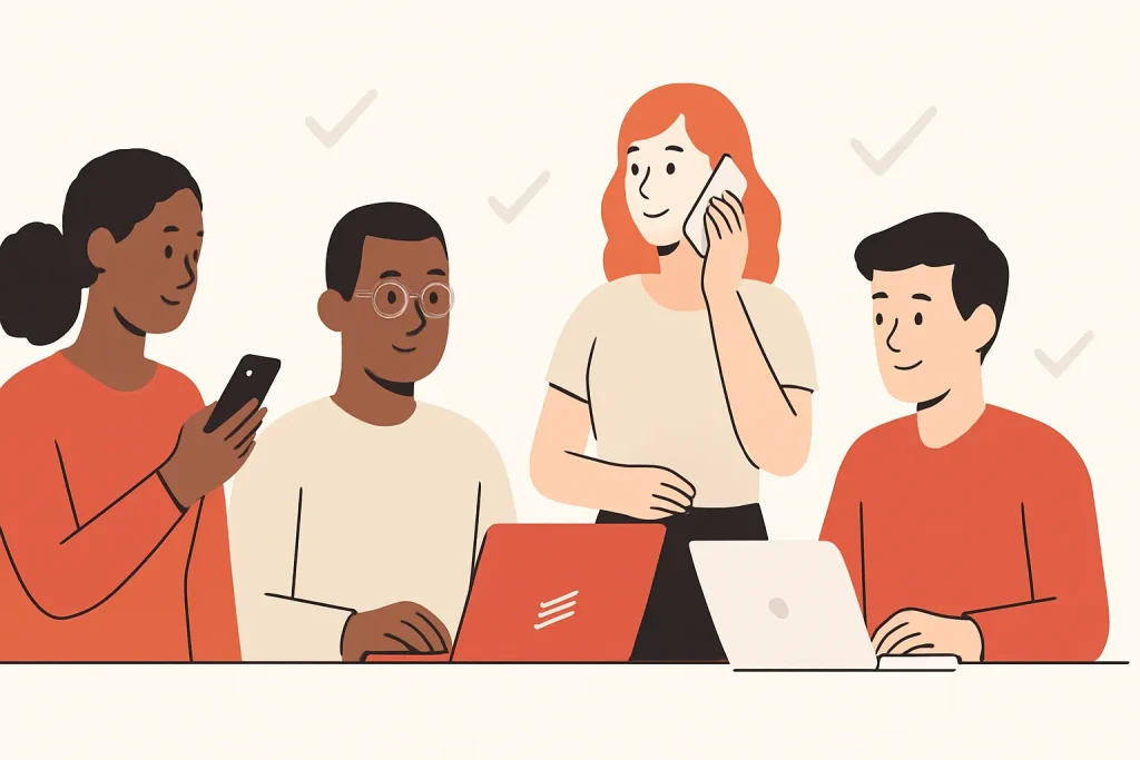 Time Management at Work in 2025: The Practical Todoist Playbook to Reclaim Your Day 1 Team mastering time management at work using Todoist on laptops and mobiles, colourful workspace illustration, bright productivity vibe.