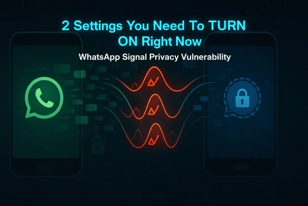 Abstract visualization showing messaging apps WhatsApp Signal Privacy Vulnerability with delivery receipt vulnerability and timing attack patterns highlighted in red against encrypted data flow