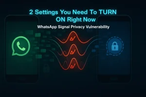 WhatsApp Signal Privacy Vulnerability: Silent Tracking Attack Exposed (2026) 1 Abstract visualization showing WhatsApp and Signal messaging apps with delivery receipt vulnerability and timing attack patterns highlighted in red against encrypted data flow