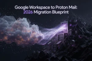 Google Workspace to Proton Mail: The Secure 2026 Blueprint 10 Abstract conceptual illustration representing a secure Google Workspace to Proton Mail corporate data migration from a public cloud to a private Swiss server.