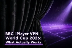 BBC iPlayer VPN World Cup 2026: What Actually Works 5 Charcoal theatre curtain drawn back to reveal a glowing violet football pitch, symbolising BBC iPlayer VPN World Cup 2026 access