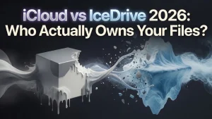iCloud vs IceDrive 2026: The Best Way to Own Your Files 4 iCloud Vs IceDrive 2026 comparison header showing a melting matte grey cube with a bitten corner on the left connected by flowing streams containing frozen fragments to a natural arctic iceberg on the right, symbolising data migration and file ownership.